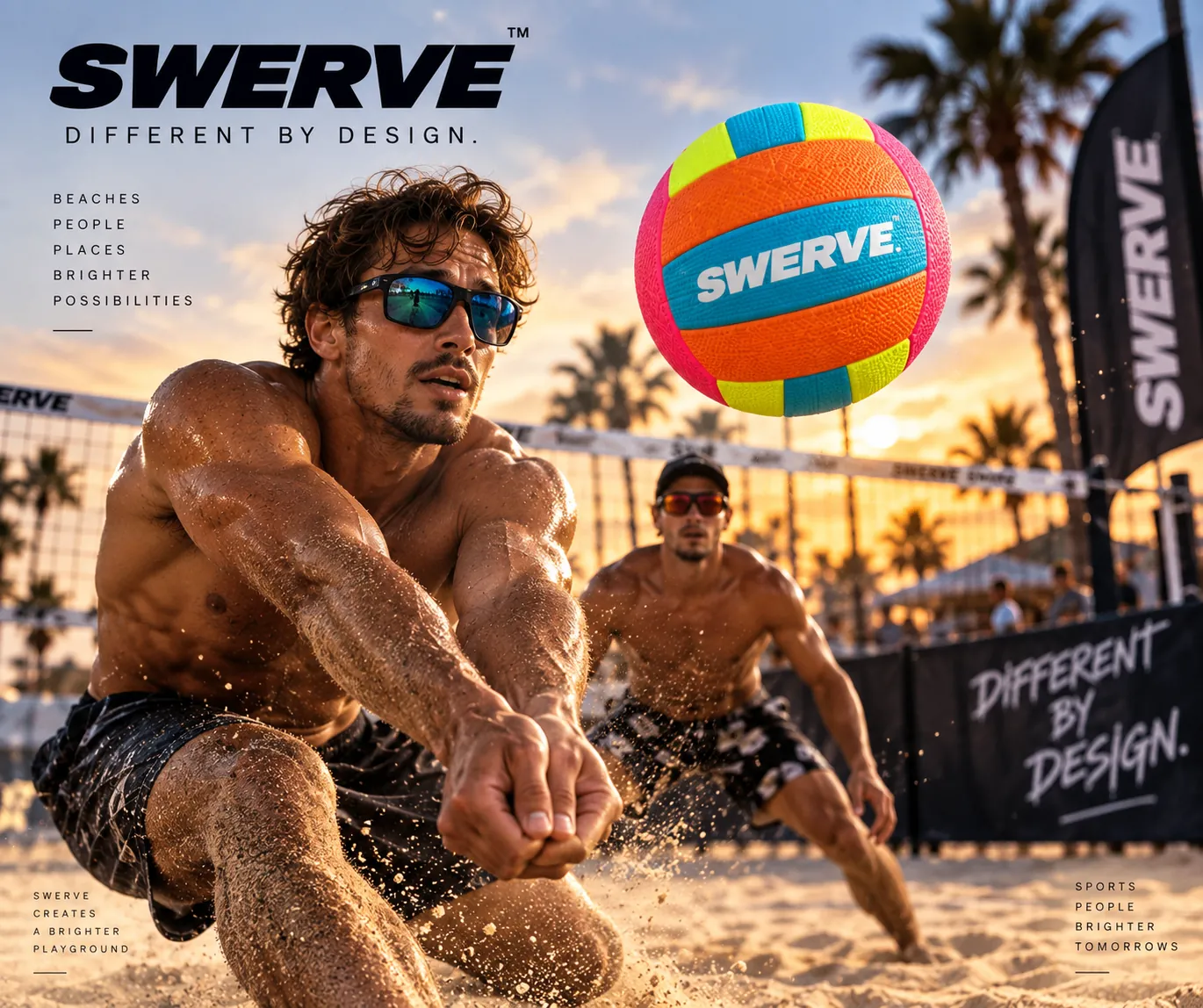 Sand court, golden hour — anonymous athlete with a neon SWERVE ball