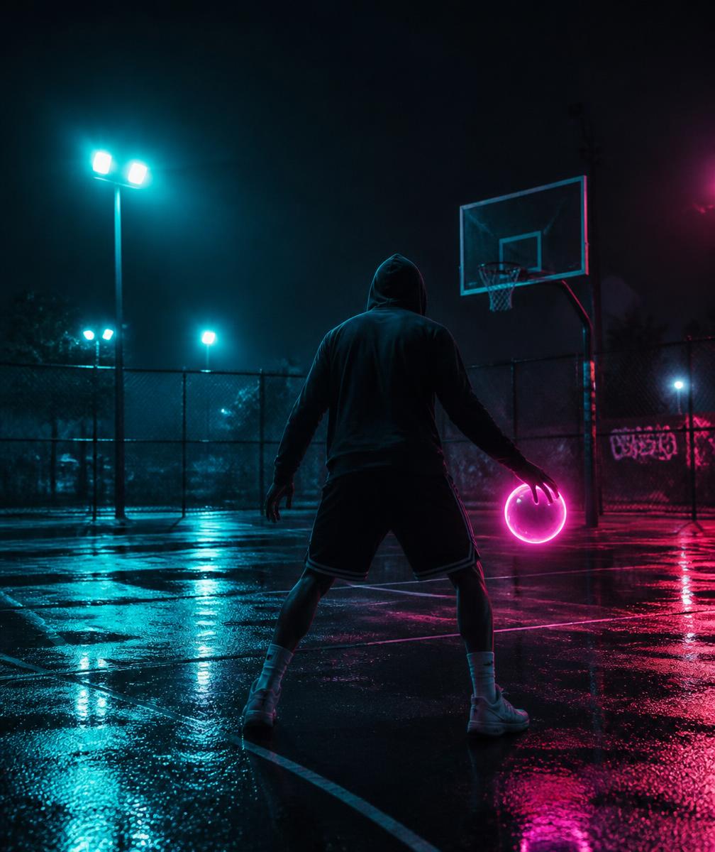 Street court, 11pm — anonymous athlete with a neon SWERVE ball
