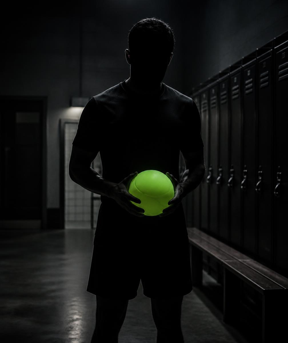 Locker room — anonymous athlete with a neon SWERVE ball