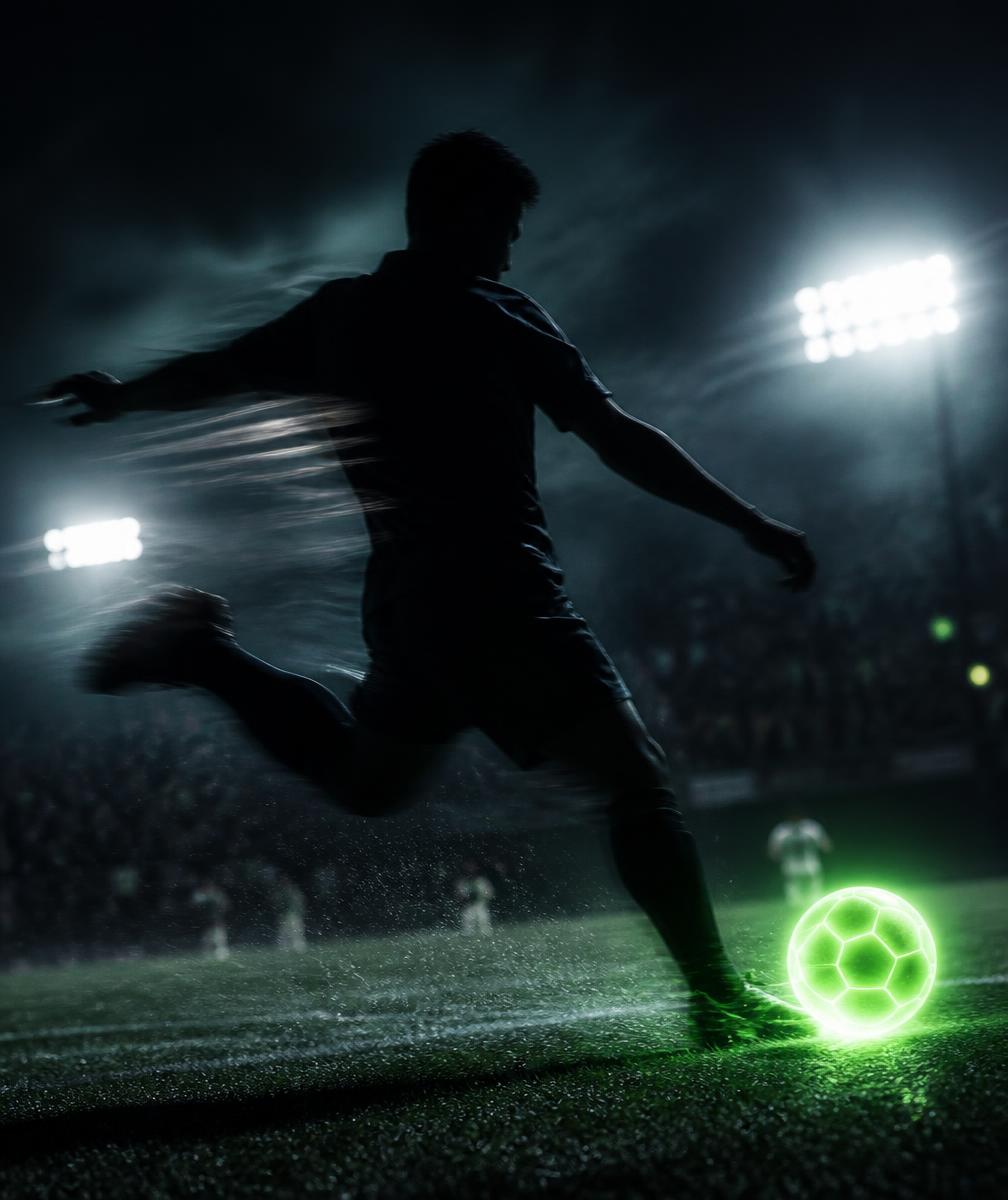 Floodlit pitch — anonymous athlete with a neon SWERVE ball